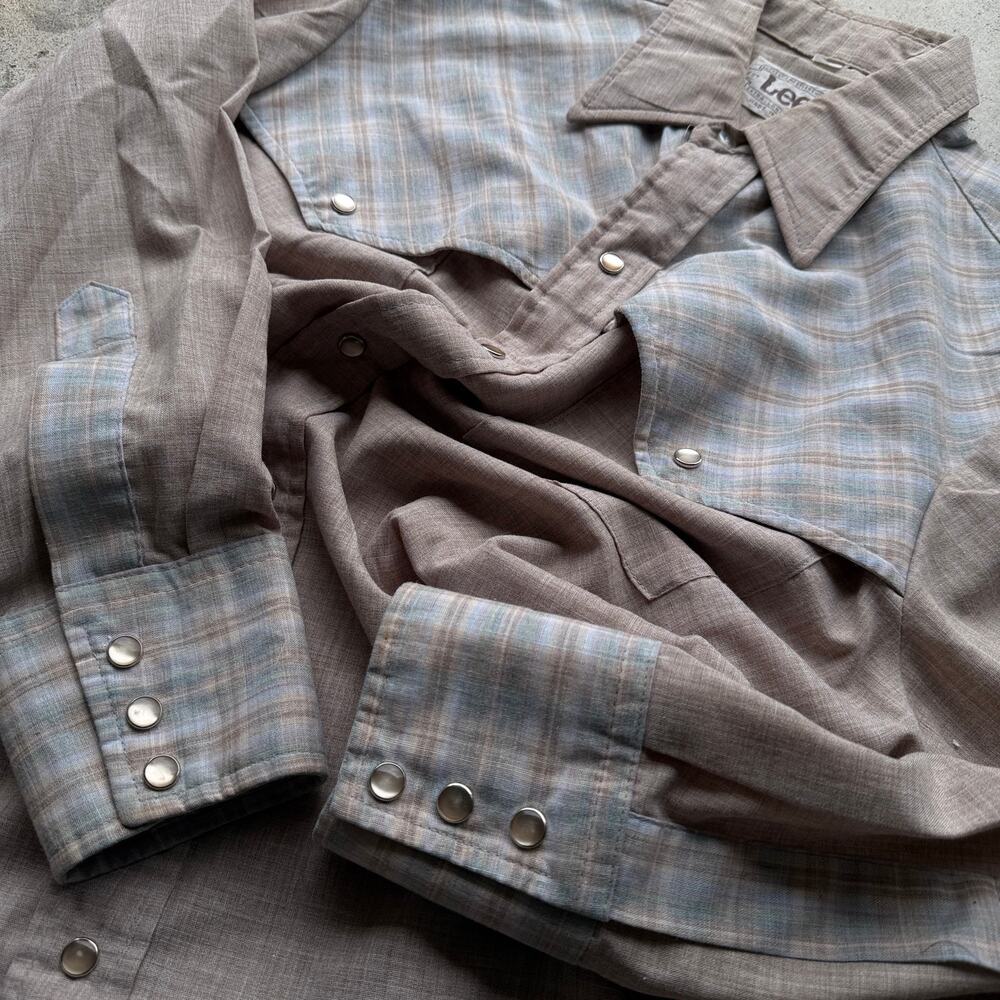 Vintage 70s Lee Western Pearl Snap Shirt Plaid Yoke Made in USA Brown